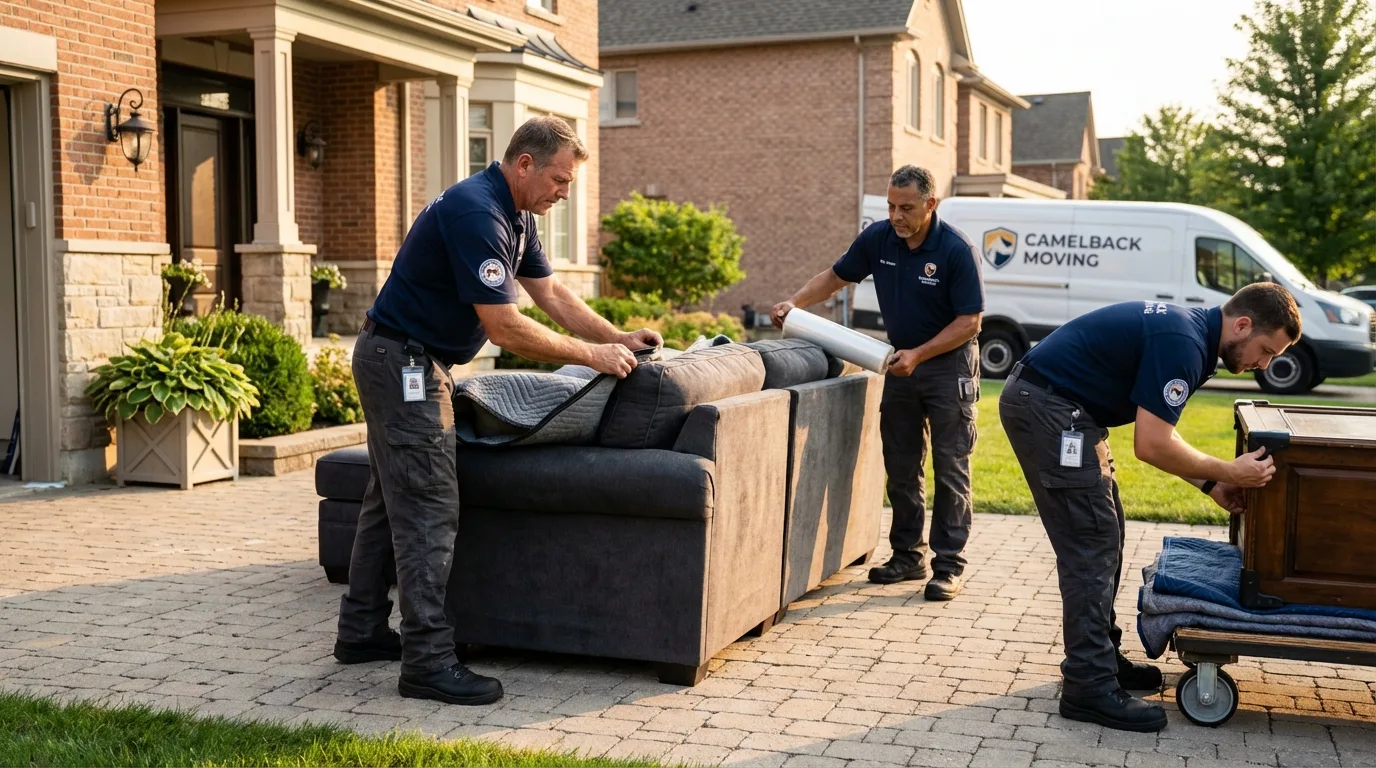 Large estate moving crew wrapping furniture in Natick, MA