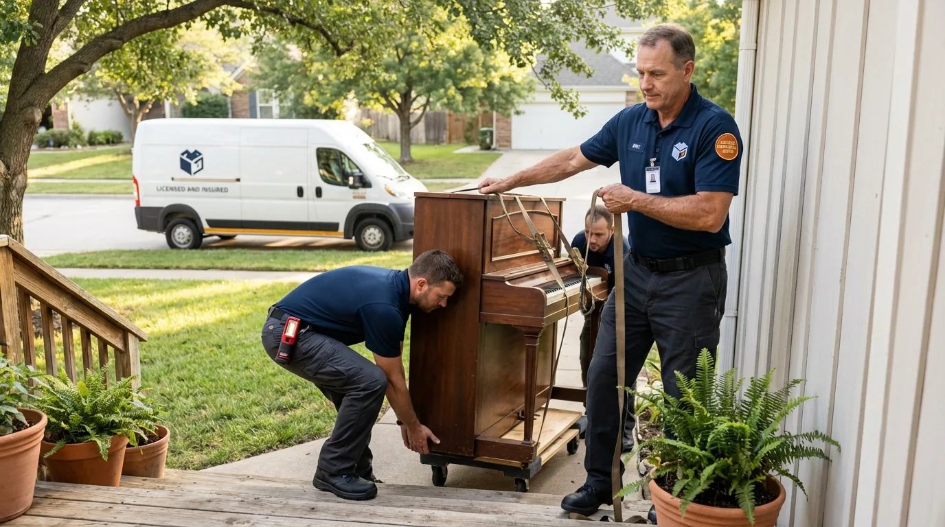 Licensed piano movers securing grand piano in Natick, MA