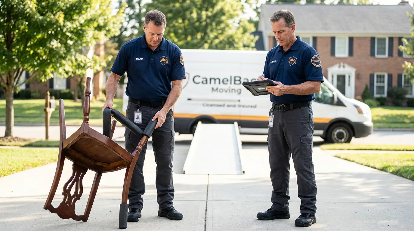 Movers inspecting furniture for damage prevention before loading in Natick, MA
