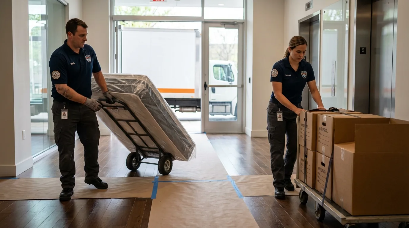 Professional apartment movers loading elevator in Natick, MA