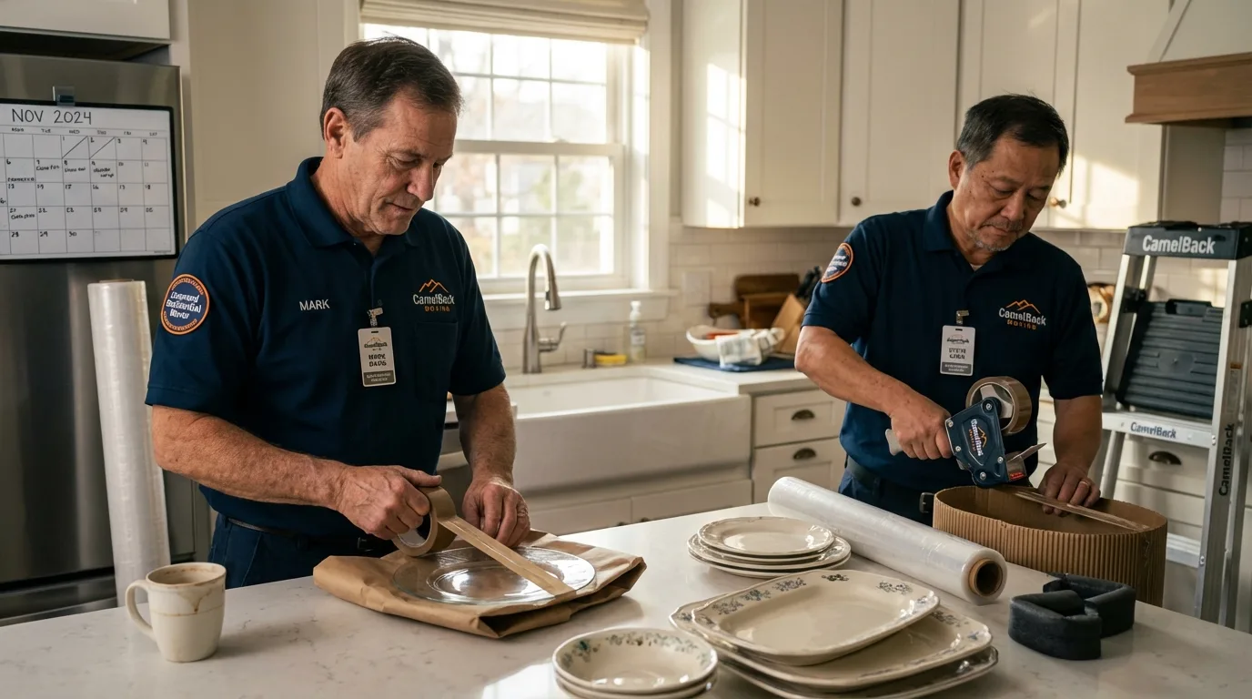 Professional crew packing kitchen dishware in Natick, MA